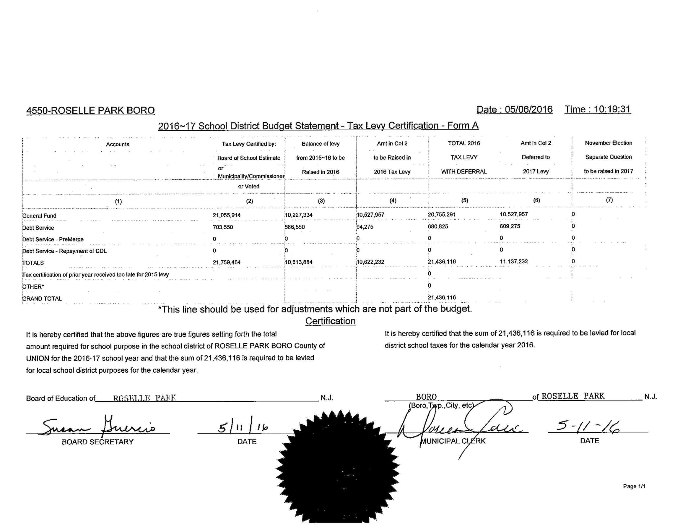 2016 BOE Tax Levy Certificate