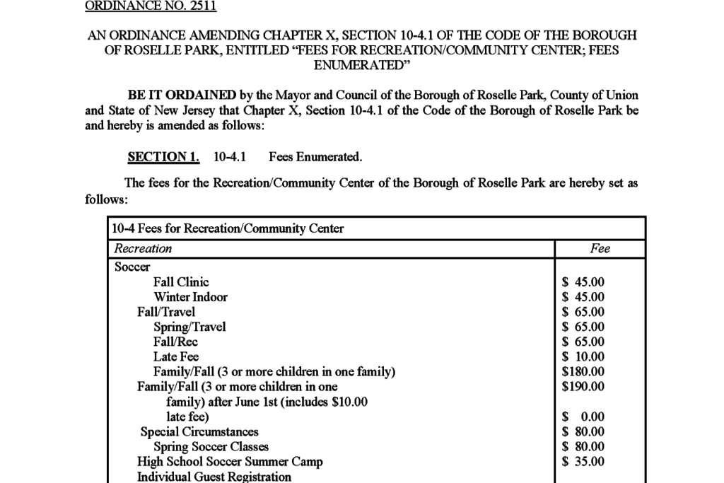 Ordinance 2511 Changes In Casano Center Rental Fees Roselle Park News