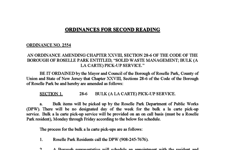 Ordinance 2554 Additions To Roselle Park’s ‘A La Carte” PickUp List